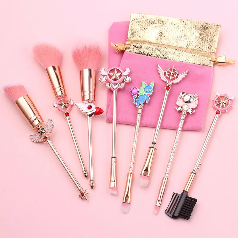 Sakura Makeup Brushes Set Cardcaptor Sakura Cosmetics Brushes Magical Wand 8pcs Rose Gold Cosmetic Brushes Cute Pink Bag Face Eyes Lips Lips