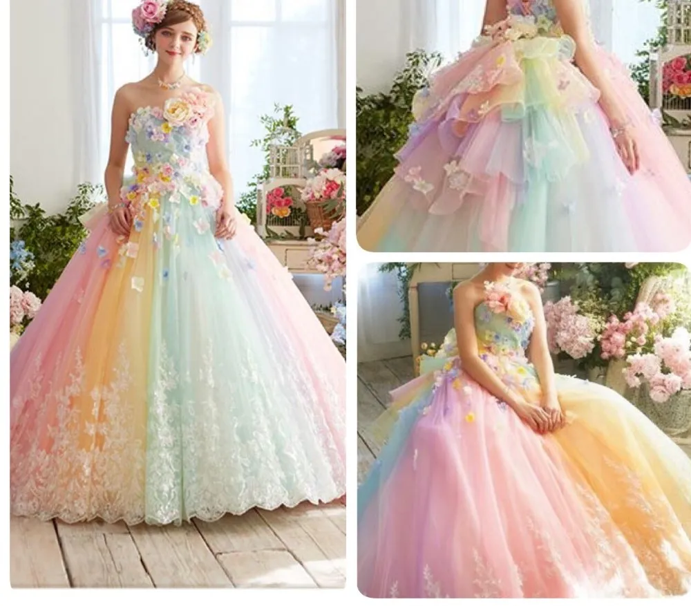 2020 새로운 꽤 다채로운 무지개 Tutu 댄스 파티 드레스 드레스 3D 꽃 레이스 푹신한 공 가운 Vestido Formatura Abiye Ruffles 이브닝 가운