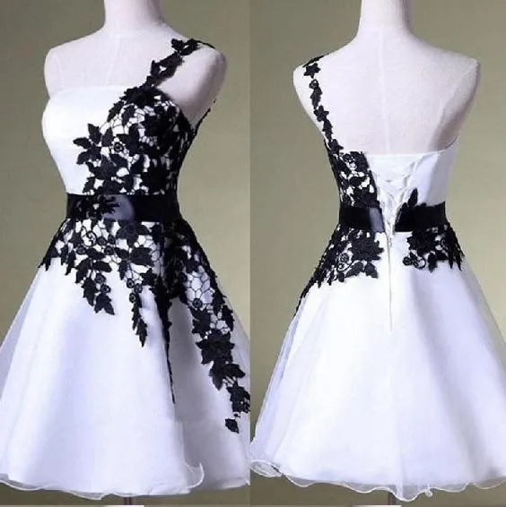 One Shoulder Short White Homecoming Dress with Black Lace zxc