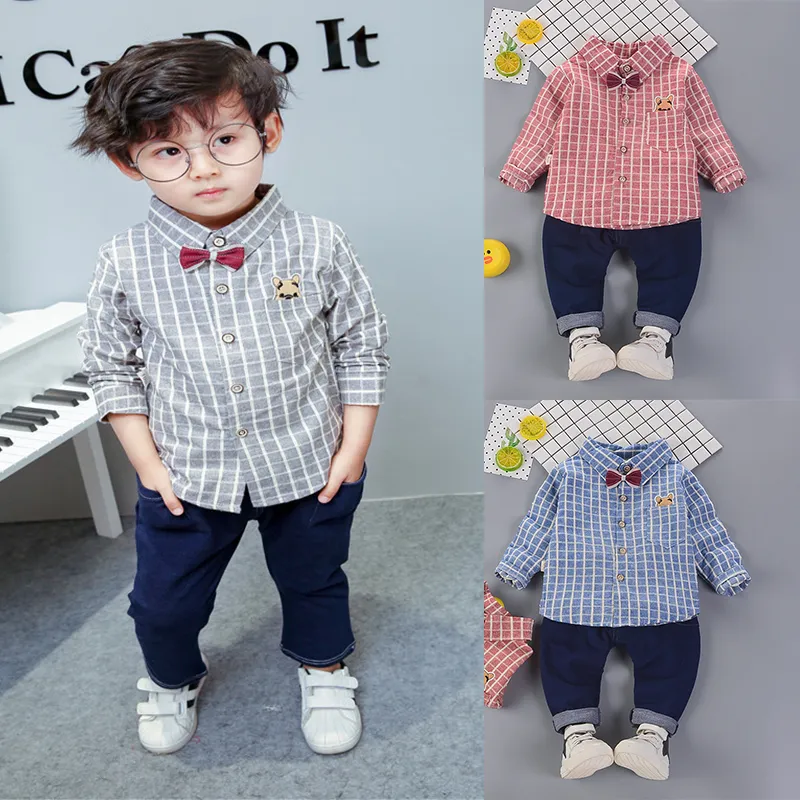 Nieuwe herfst baby jongens mode kleding sets kinderen plaid shirt + jeans 2 stks pak kinderen pocket beer kleding