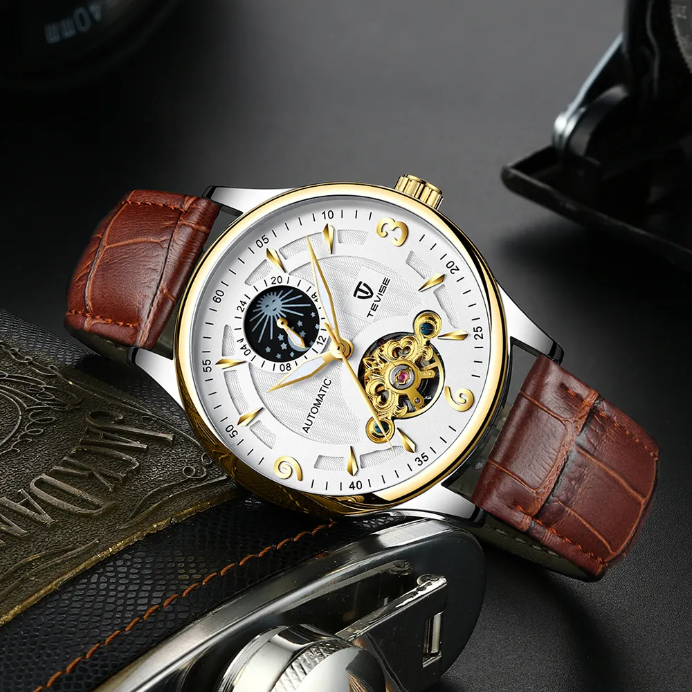 Marque de mode TEVISE hommes montre automatique mécanique bracelet en cuir phase de lune Tourbillon Sport horloge Relogio Masculino277t