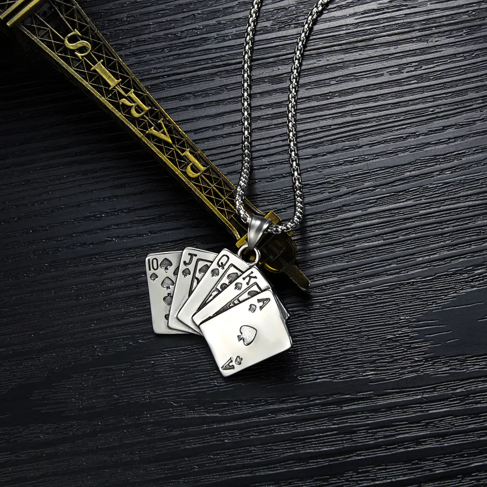 Gold Plated Playing Cards Pendant Necklace Stainless Steel Poker Jewelry  For Men