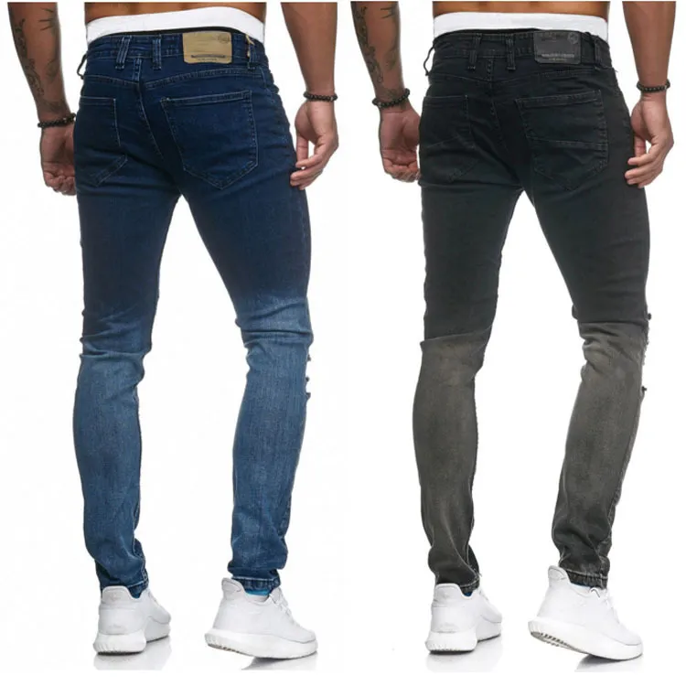 2 couleurs couleur unie jean moulant trou nouveau jean pour hommes lavé coupe ajustée jean extensible pantalon Hip Hop pantalon crayon pour Male291r