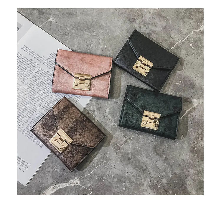 New women vintage lock short designer wallets lady fashion zero purses female fashion card bags black/pink/brown/green color no1136