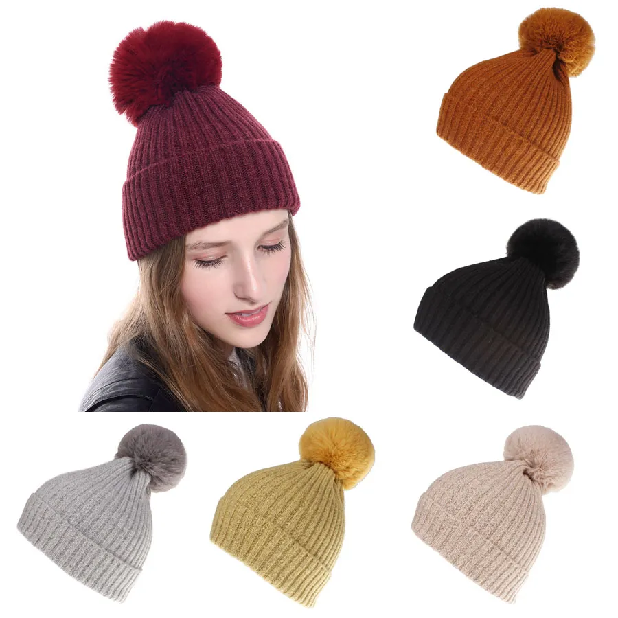 Ny Höst Vinter Kvinnors Hat Ull Ball Beanies Cap Lady Stickad Hat Varmt Cap Crochet Hattar M220