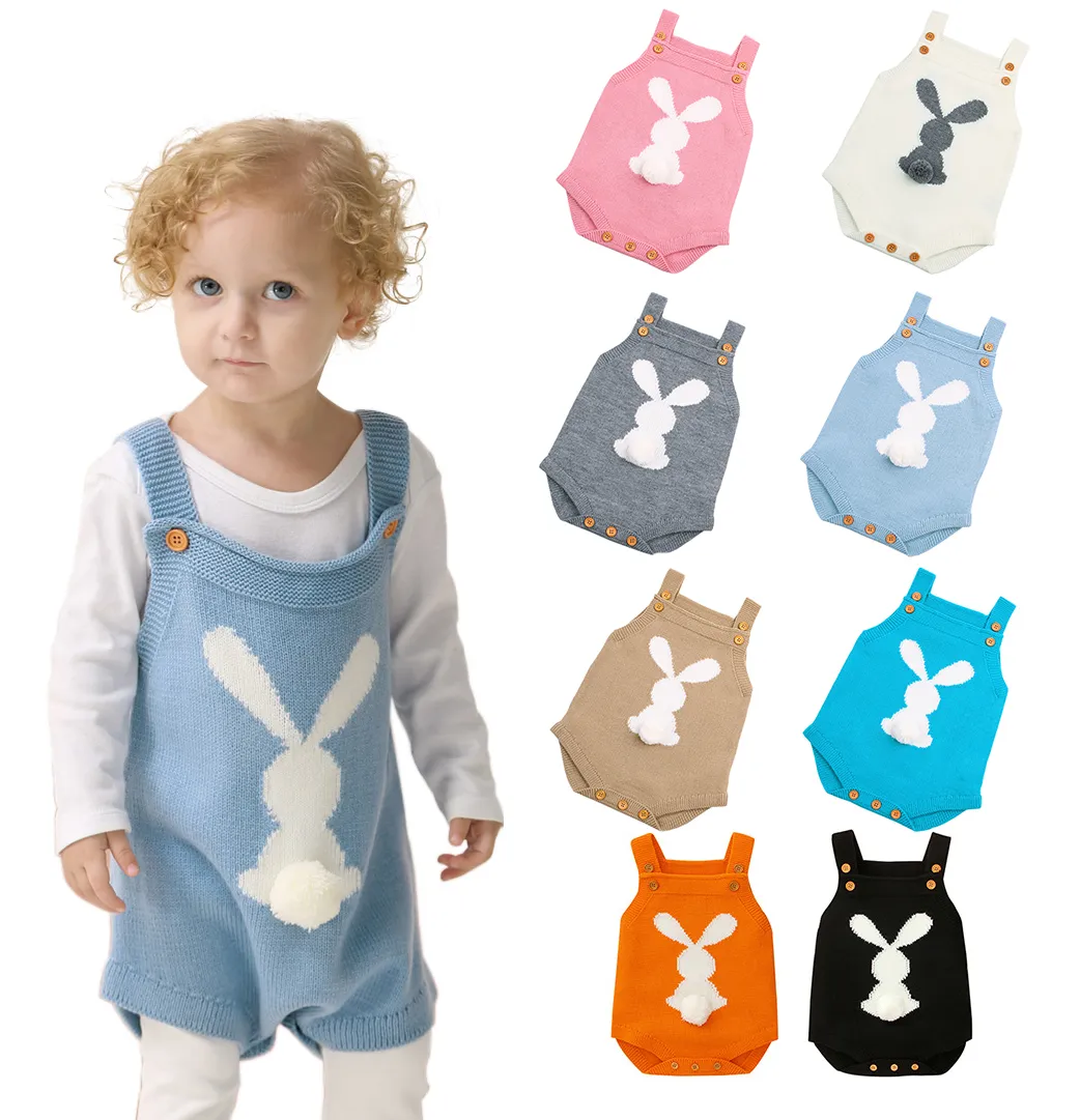 Easter Baby Girls Boys Rabbit Pom Tail Knitted Rompers Infant Suspender Bunny Jumpsuits 2020 Fashion Boutique Kids Climbing Clothes M1147