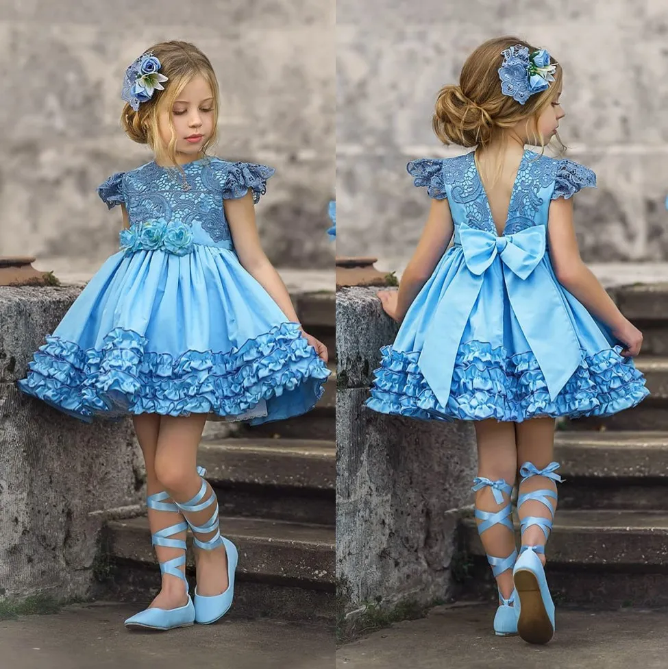 Sky Blue Lace Backless dusty Blue childrens dress with Ruffled Skirt for Wedding, Pageant, First Communion - Knee Length Satin Gown