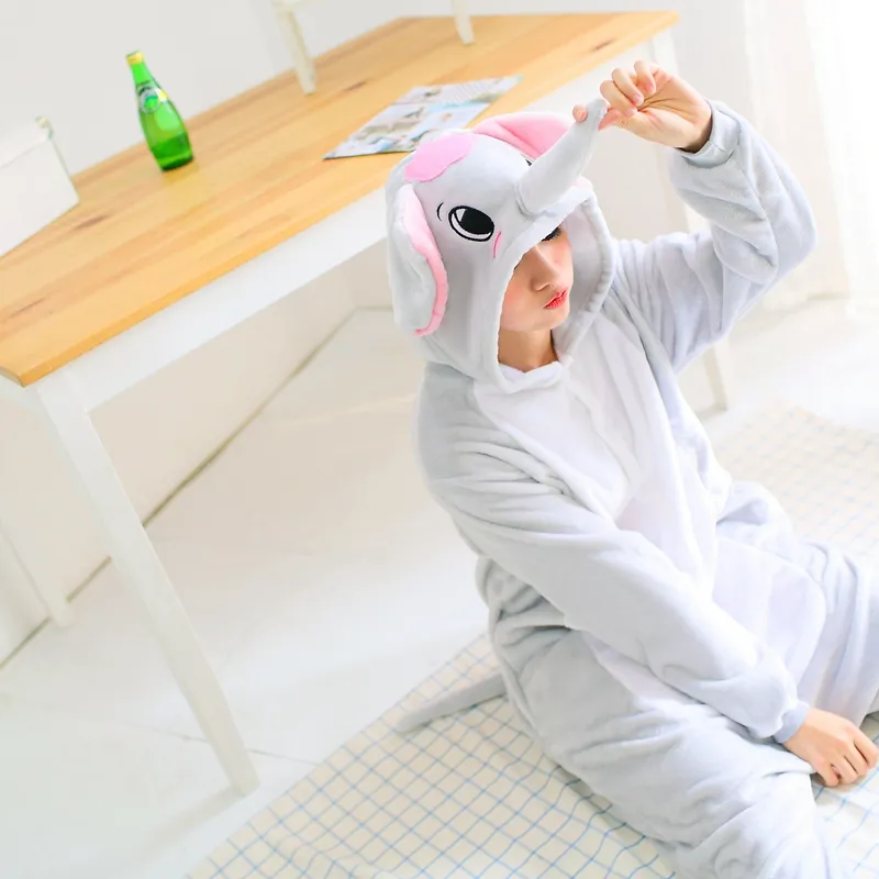 Grauer Elefant Pyjama Set Damen Herren Unisex Erwachsene Tier Pyjama Flanell Onesie Cosplay Nachtwäsche Hoodie Halloween Urlaub Kostüm