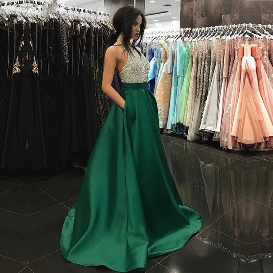 High Neck Sparkly Beaded Emerald Green Prom Dresses with Low Back Long Prom Gowns Custom Plus Size Pageant Dress