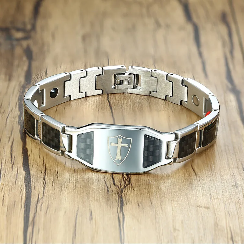 Bracelets en Fiber de carbone en acier inoxydable pour hommes, croix des templiers en couleur argent, marques de montres, Bracelet fileté de santé magnétique pour hommes