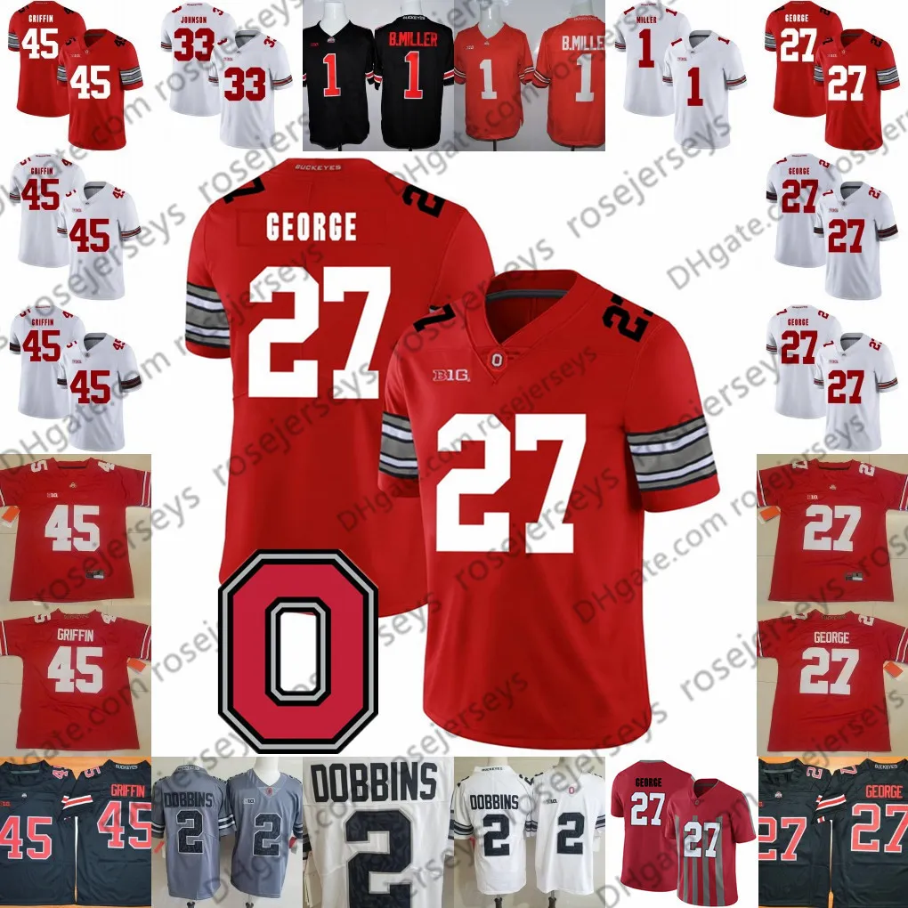 Американский колледж футбол Wear Ohio State Buckeyes #27 Эдди Джордж 32 Джек Татум 36 Крис Спилман 45 Арчи Гриффин 9 Джонни Юта Винтаж Красная Белая Джерси 4XL