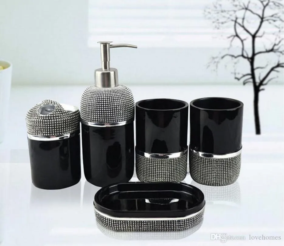 Luxury Ceramic Bathroom Accessories Elegant Bathroom Sets 1 Soap Bottle+1  Soap Dish +1toothbrush Holder+2 Cups Pink Color BS 06 From Lovehomes,  $126.64