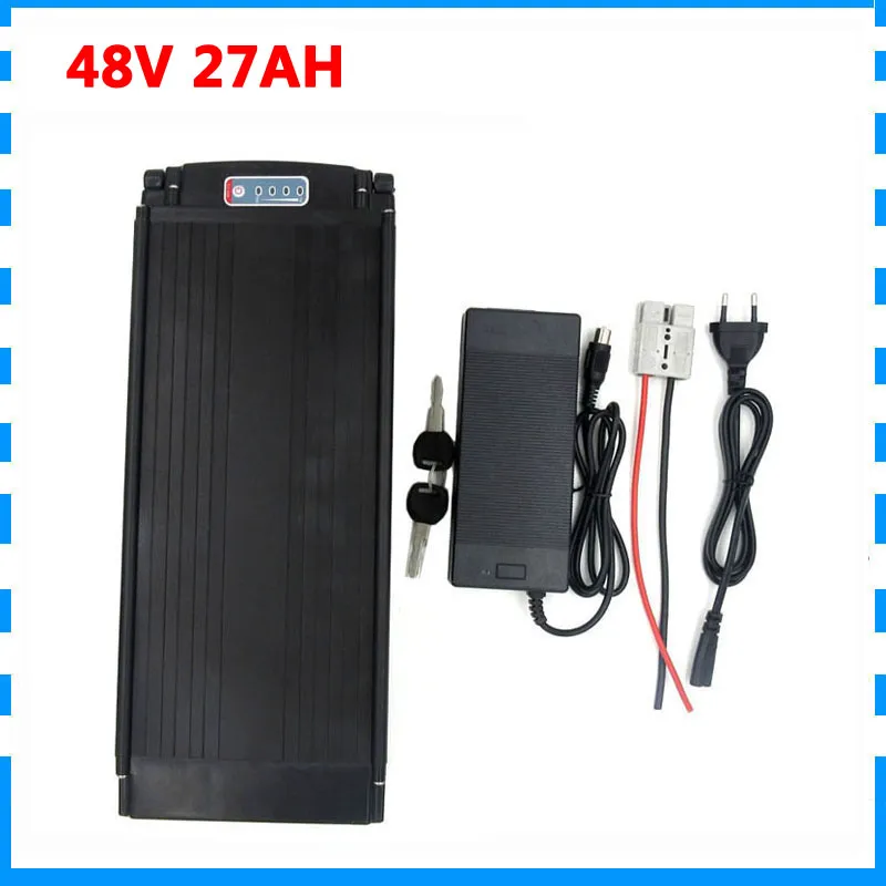 1000 W 48 V 27 Ah Gepäckträgerbatterie 48 V Lithium-Ebike-Akku mit Rücklicht, Verwendung für LG 3400 mAh Zelle 30 A BMS mit Ladegerät
