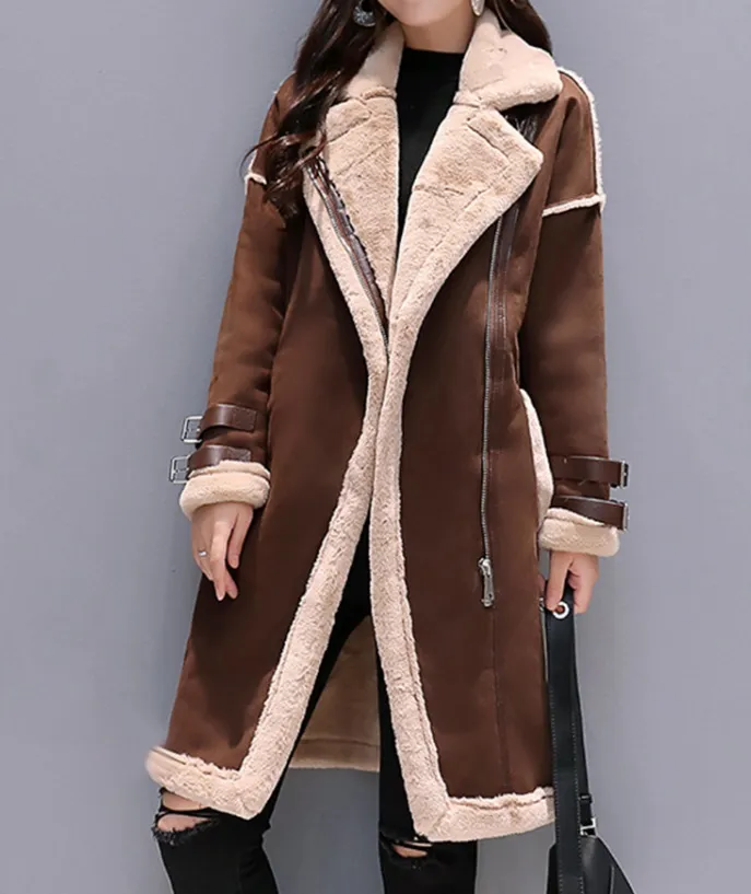 Les femmes agneaux shearling chaud longues moyennes femmes manteau de laine épaisse manteaux de cuir de suède automne Jackets vêtements de femme d'hiver