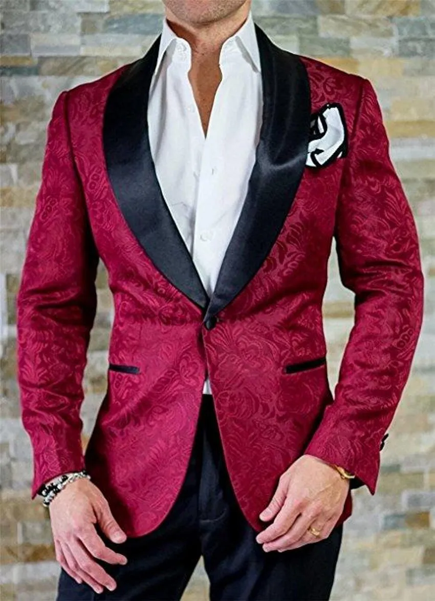 Burgundy Embossing Groom Tuxedos Shawl Lapel Groomsmen Men Formal Jacket Suits Business Prom Blazer Customize(Jacket+Pants+Bows tie) 161