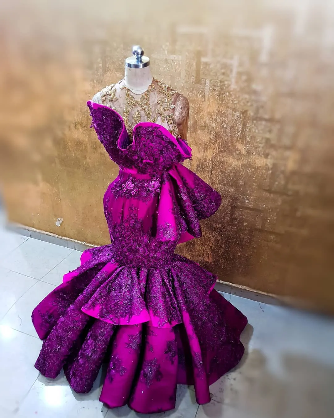 Aso ebi árabe roxo luxuoso vestidos de noite sheer neck renda frisada vestidos de baile sereia formal festa de dama de honra vestidos de concurso 320A