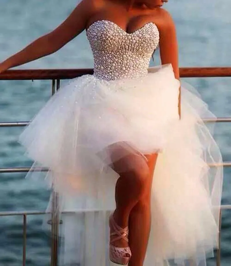 Vestido De Noiva Sexy Pearl Beading Tops Bride Gown Sweetheart White Tulle High/Low Style Wedding Party Dress Robe De Mariee
