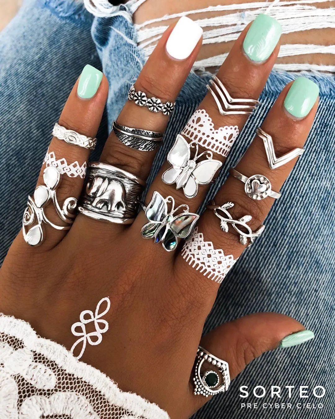 US Warehouse Boho Style Finger Ring Set Cute Butterfly Elephant-Shaped Joint Knuckle Nail Statement Ring Set for Women Girls