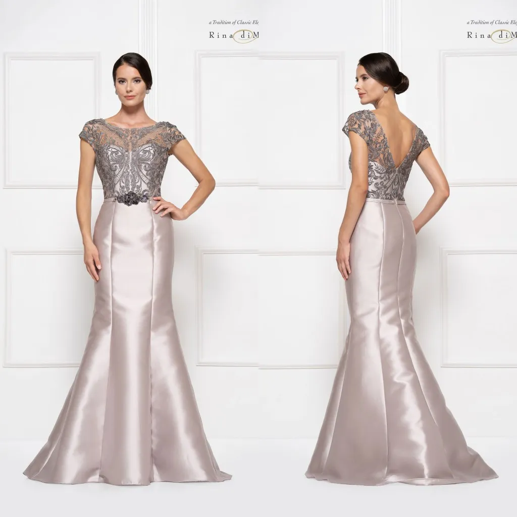 Elegancka Matka Suknie Panny Młodej Jewel Capped Krótkie Rękawy Koronkowe Aplikacje Suknie Wieczorowe Backless Długość Piętra Ślubna Dress