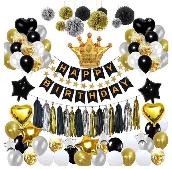 Or noir ballon tirer drapeau anniversaire mise en page queue de poisson drapeau gland papier fleur boule étoile à cinq branches ballon paquet décoration EMS GRATUIT