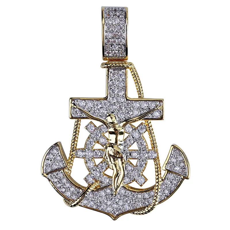 New Arrived 18K Gold Plated Cross Anchor Necklace Pendant with 4MM Tennis Chain Rope Chain Iced Out Full Zircon Mens Jewelry