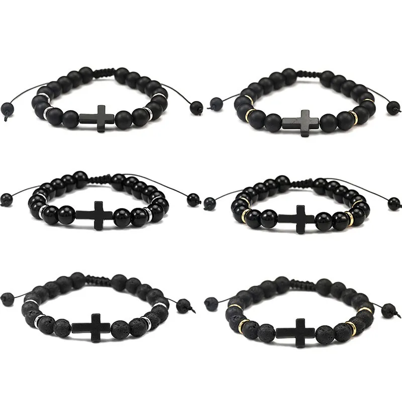 Bracelets de Yoga pour hommes et femmes, brins de 8mm, breloque croisée perlée, corde tissée à la main, bijoux de prière, décor