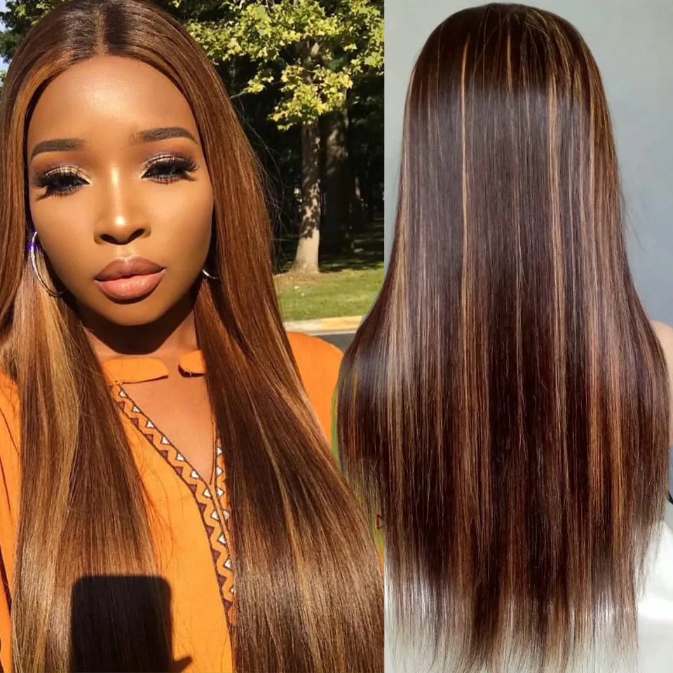 Brazylijska Prosta Pre Zirytowana Koronkowa Frontal z Baby Wairs Peruki 4 # / 30 # Mieszane Kolor Ombre Proste Bob Lace Front Human Hair Wig 150 Gęstość