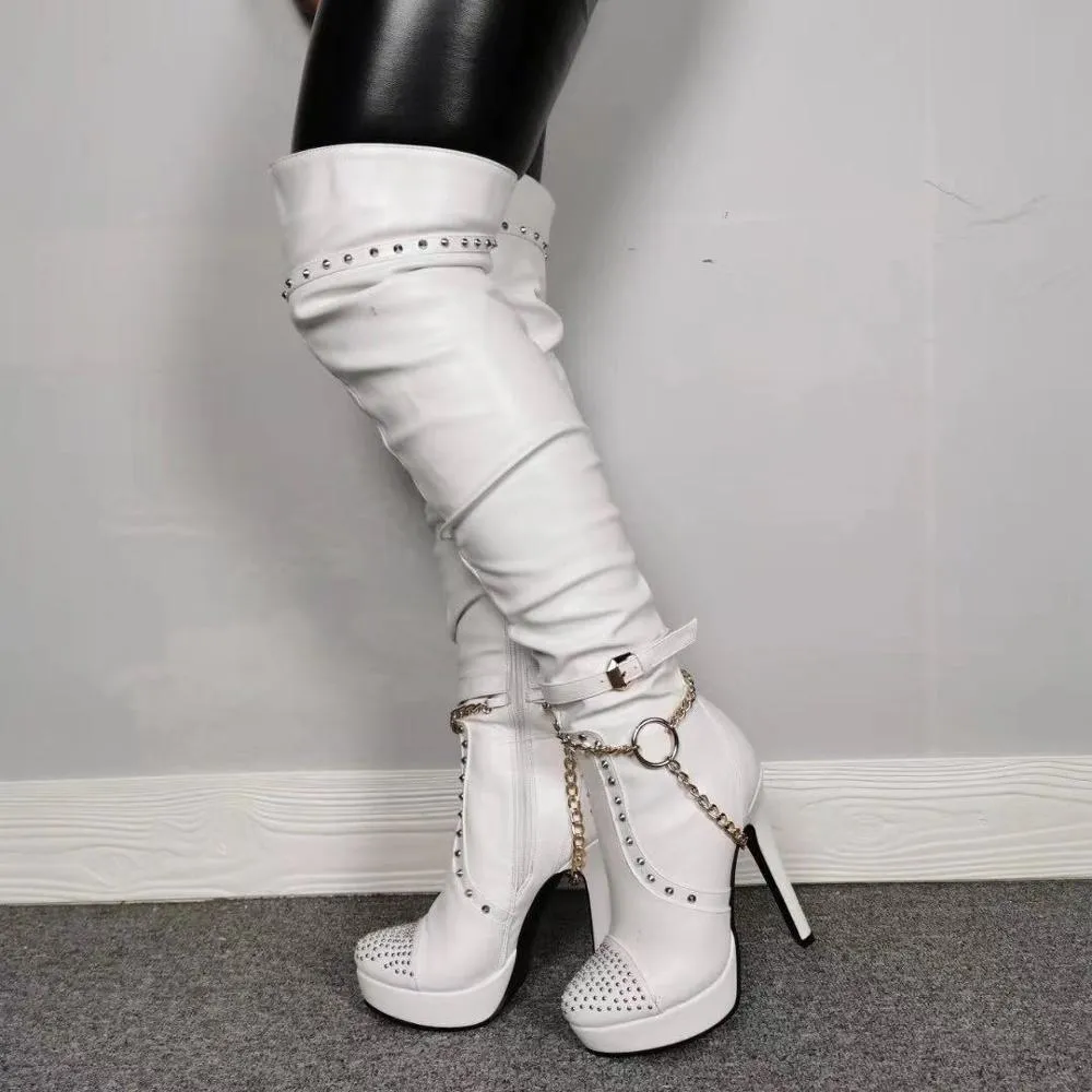 Rontic Women Platform Knee High Boots Sexy Rivets Stiletto Heels Boots Round Toe White Club Wear Shoes Women Plus US Size 5-15