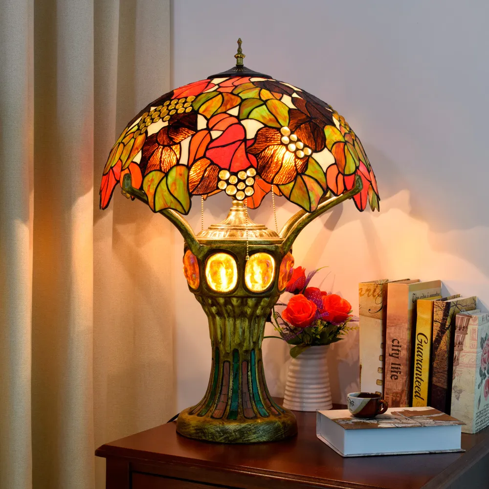 Tiffany Style LED Table Lamp Art Deco Stained Glass Desk Lamp Resin Base Accent Light for Bedroom Living Room Study