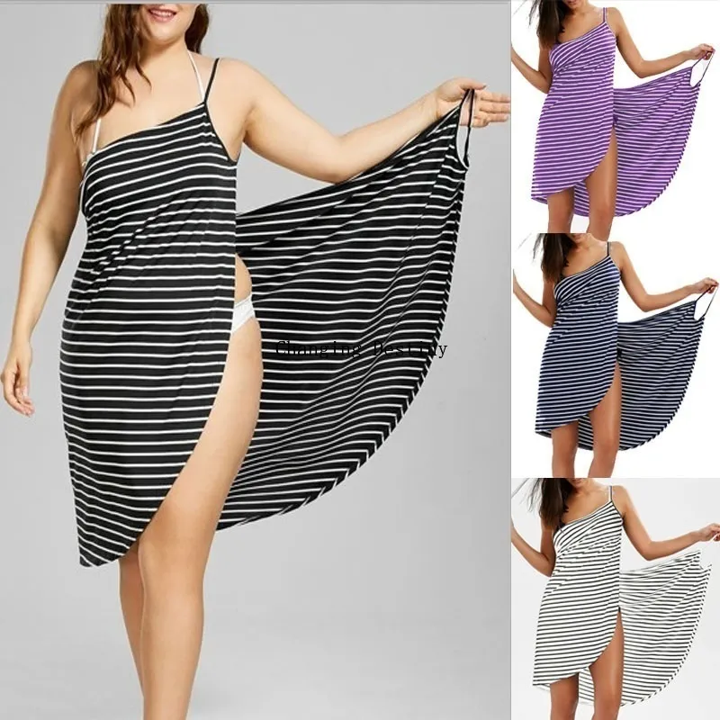S-5XL은 드레스 플러스 사이즈 여성 패션 민소매 줄무늬 인쇄 코튼 캐주얼 해변웨어 랩
