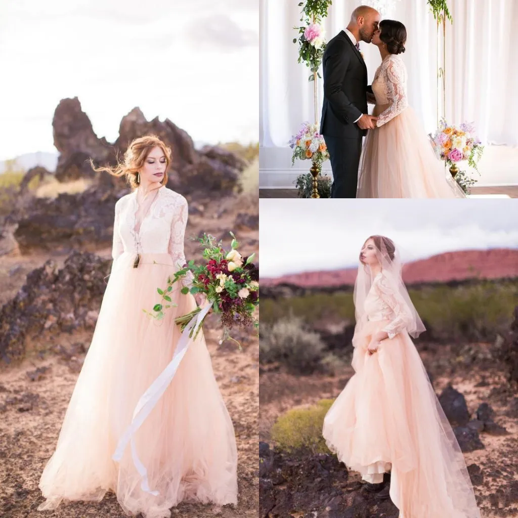 Vintage Blush Long Sleeve Country Wedding Dress 2024 Fairy V Neck Bohemian Bridal Gown