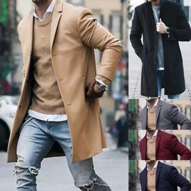 2019 Winter Warm Men Street Long Jackets Coat Pockets Stylish Overcoat Plus Size M-3XL för 5 färger