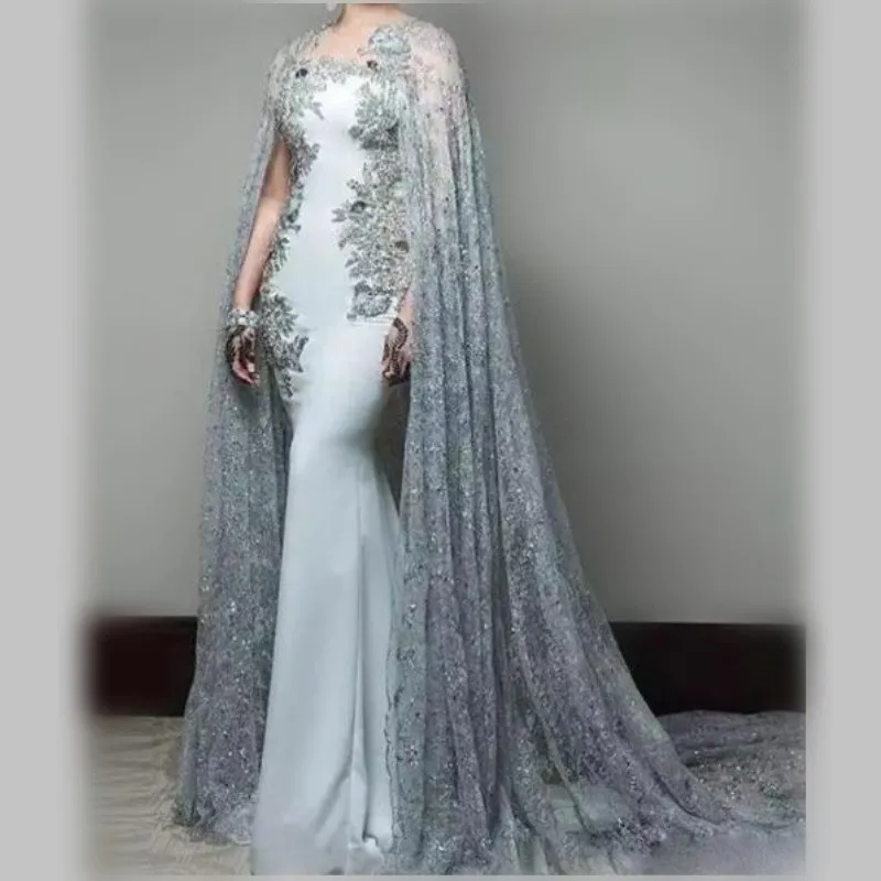 Robes de bal élégantes longues avec veste en dentelle / Wraps bijou appliques perles robes de soirée sirène balayage train dos fermeture éclair robe de soirée africaine