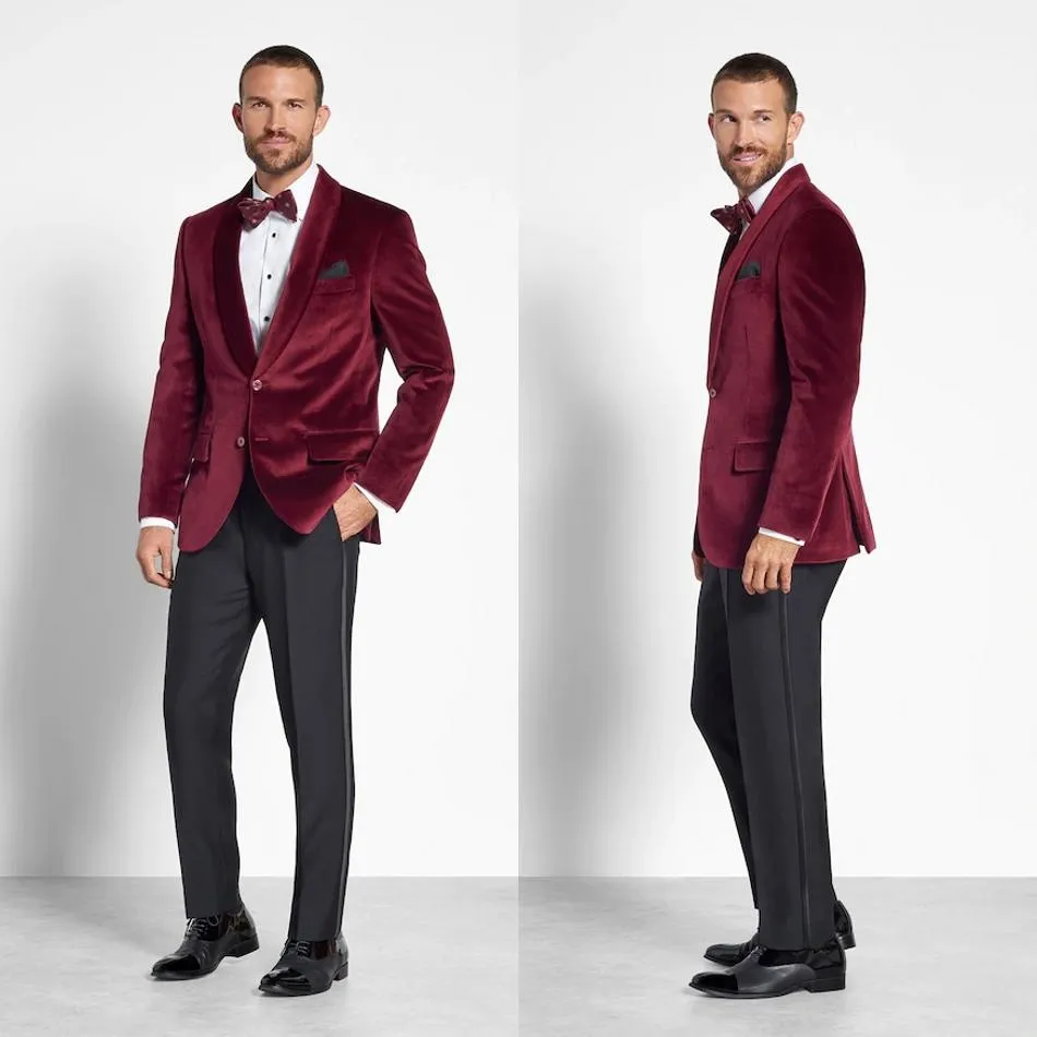 Ljus Burgundy Velvet Mens Bröllop Tuxedos Sjal Lapel Groom Prom Jacket Suits Designer Custom Made Blazer One Piece