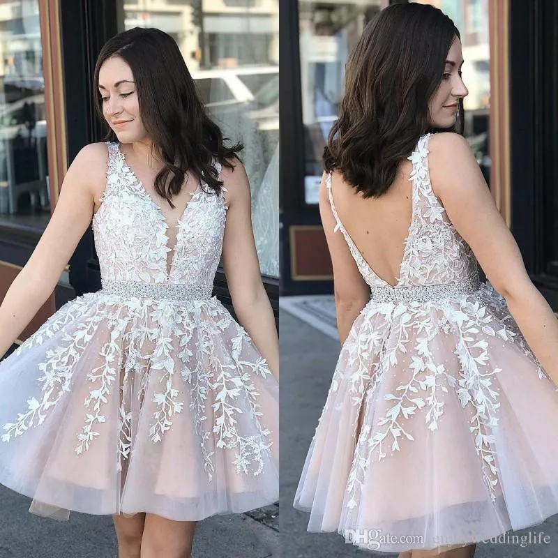 V Neck Lace A-Line Short Homecoming Dresses 2020 Tulle Applique Knee Length Short Prom Dresses Plus Size Vestidos De Festa BM0987