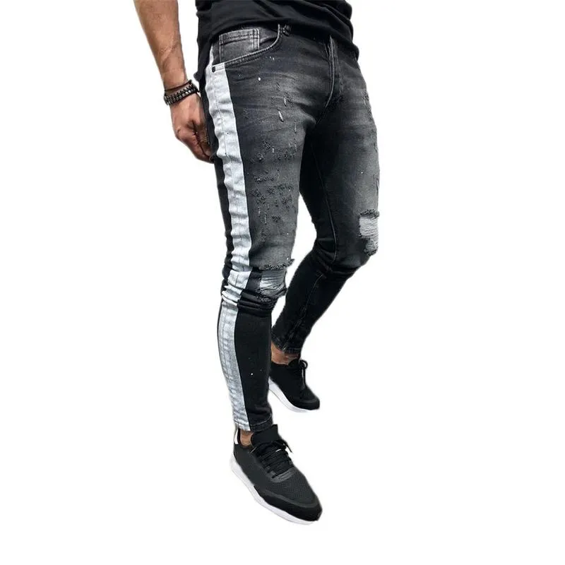 buraco moda corredor calças homens skinny homens jogging homens esporte rasgado calças executadas para homem montado fundo zíper hip hop homme