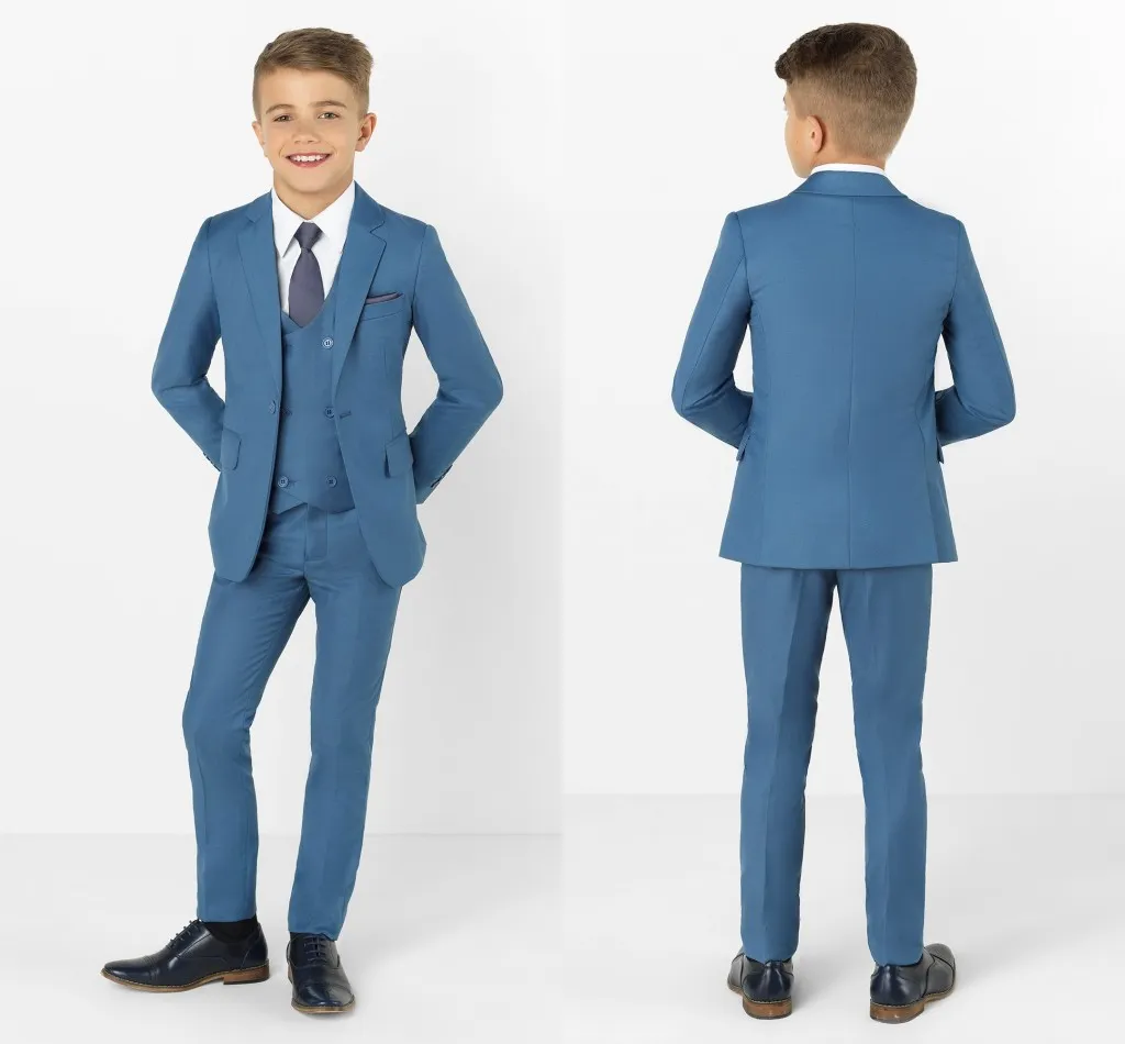 2019 Knappe Koningsblauw Jongens Formele Slijtage Jas Broek 3 Stuks Set Pakken voor Bruiloft Diner Kinderen Kids Tuxedos