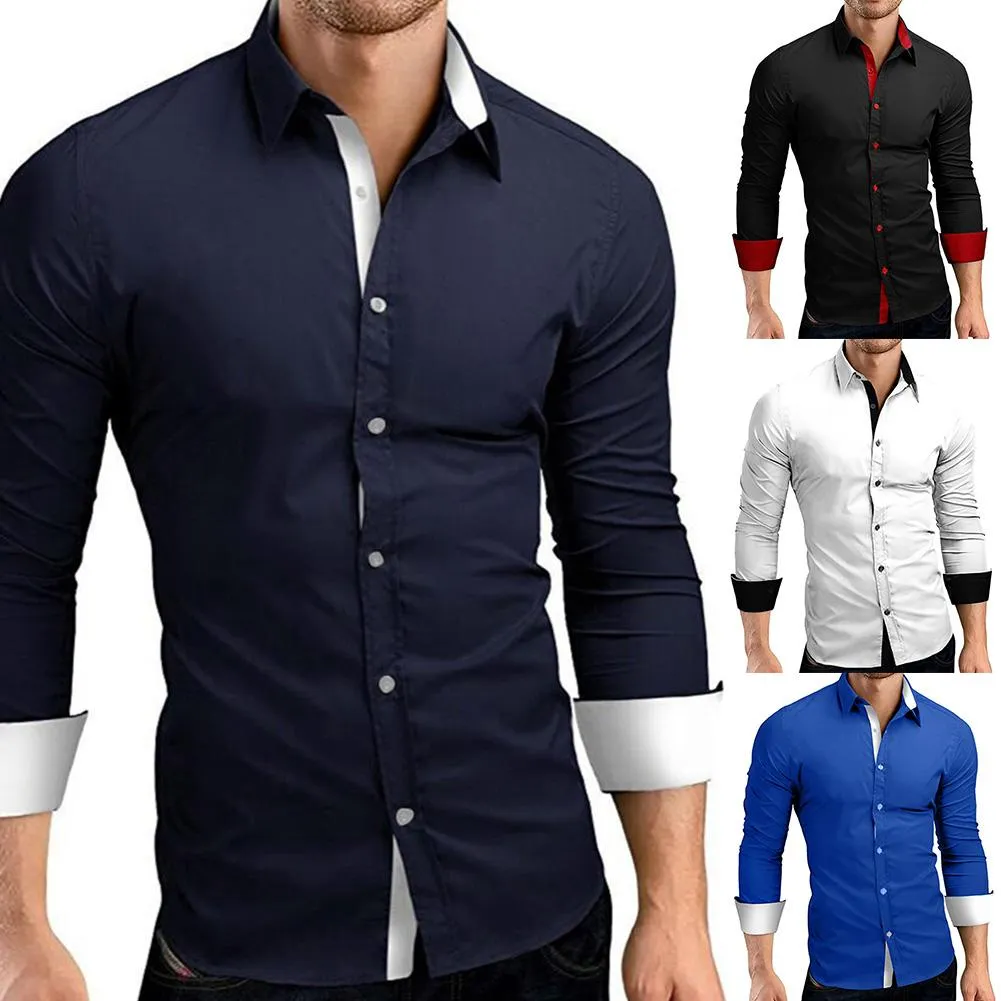 New Business Men Color Block Buttons Col rabattu Chemise à manches longues Slim Fit Top