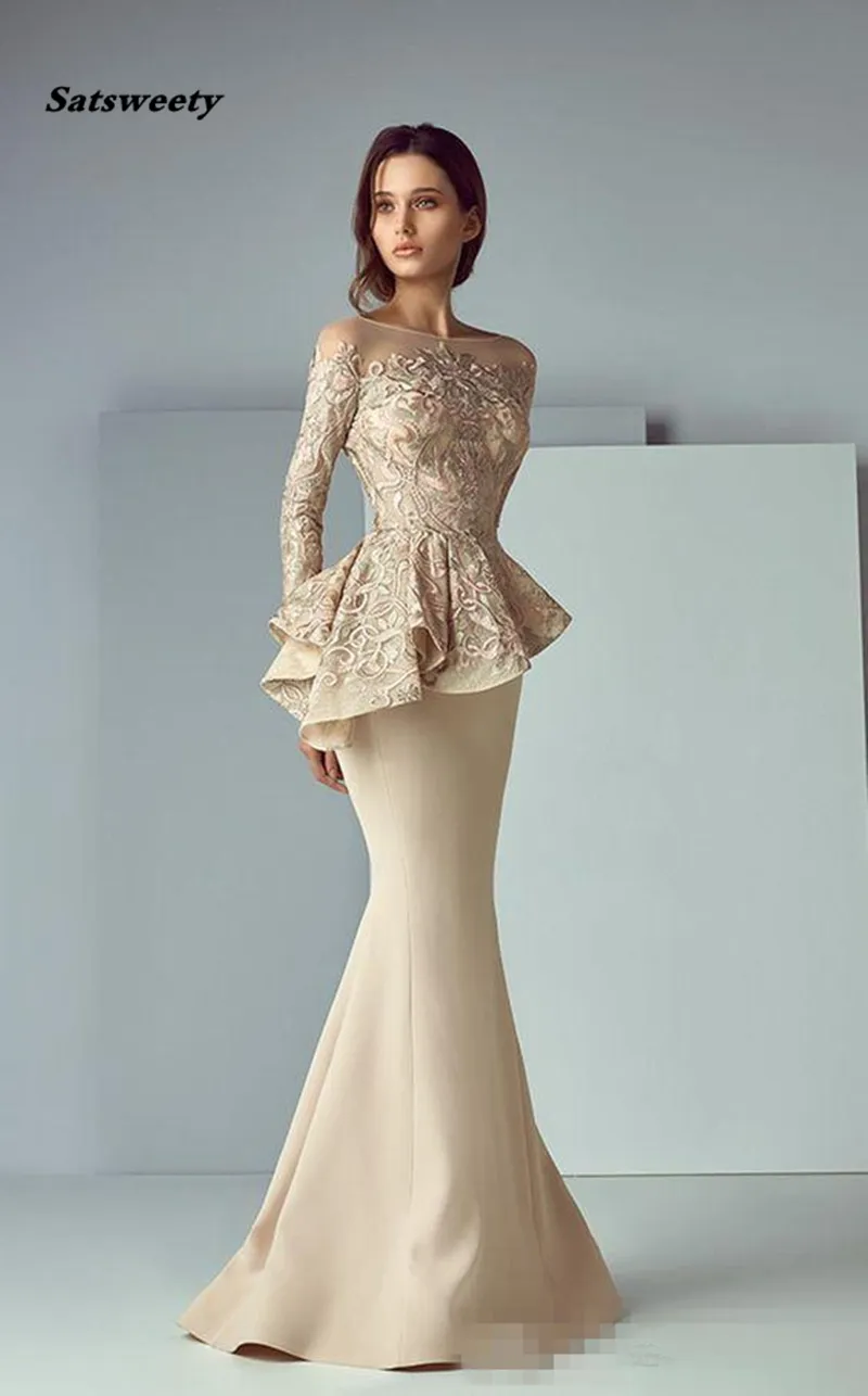 Champagne Peplum Long Formal Dresses Evening Wear Sheer Neck Long Sleeve Lace Stain Dubai Arabic Party Gowns Mermaid Prom Dress