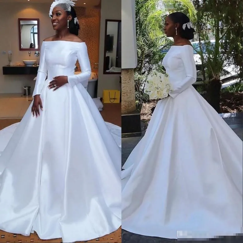 Eleganckie Satynowe Suknie Ślubne Długie Rękawy Kaplica Pociąg Proste Plus Size Custom Made Wedding 2020 Afican Suknia Ślubna Vestido De Novia