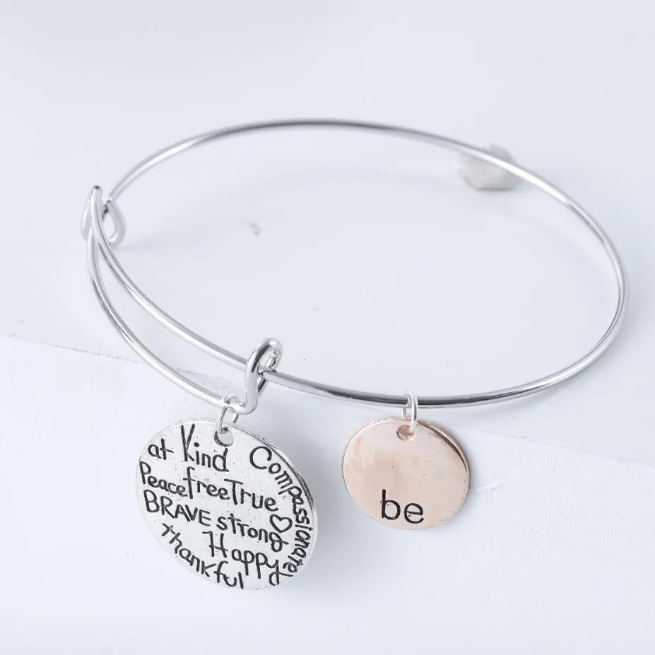 Bracelets à breloques bicolores Be Happy Bangle Friend Brave Strong Fashion Jewelry B1622 / 3