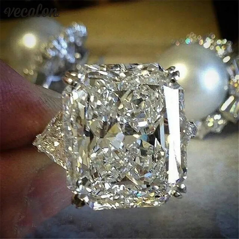 Vecalon Statement ring 925 Sterling Zilver Cushion geslepen 8ct Diamond Engagement trouwring ringen voor vrouwen Party Finger Jewelry