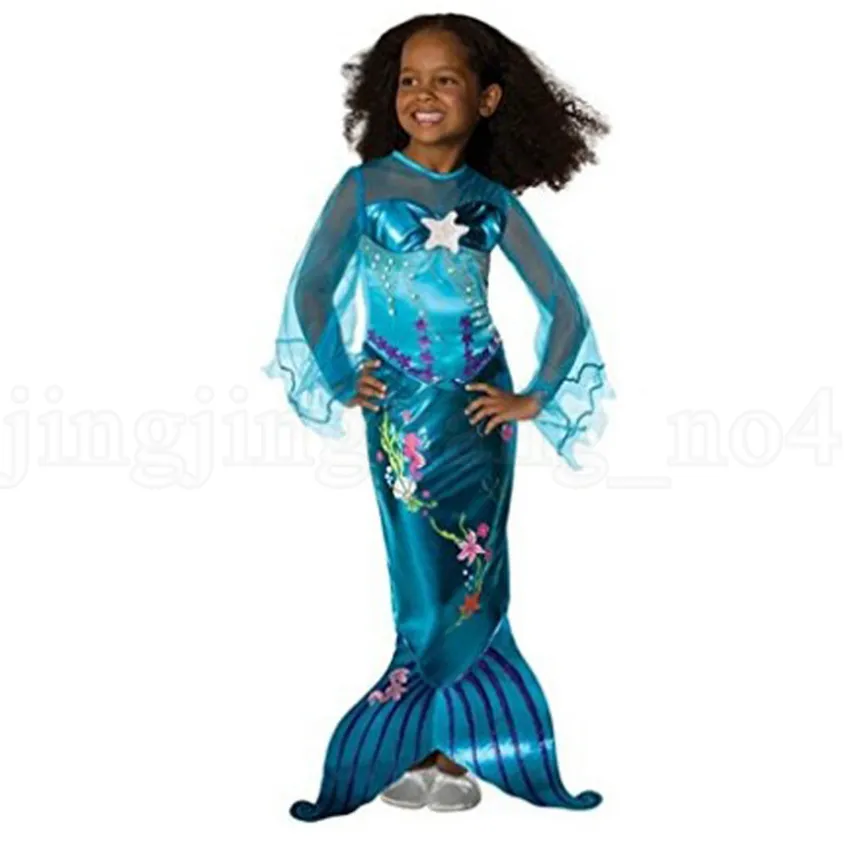Vestito da principessa sirena per ragazze Bambini Halloween Sirenetta Ariel Costume cosplay Abiti da festa trasparenti a maniche lunghe OOA6390