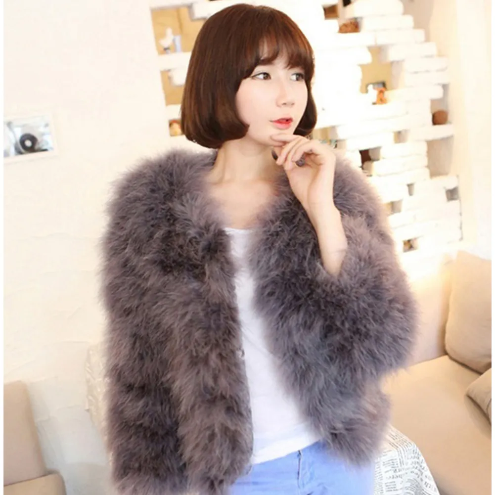 Luxury Warm Ladies Coat Ostrich Hair Fur Coat Women Short Turkey Feather Jacket Winter Long Sleeve Overcoat White/Black/Blue