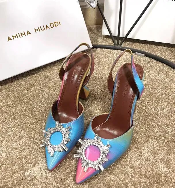 [Orignal Box] Nieuwe Collectie Dames Kristal Hoge Hakken 100MM Amina Muaddi Slingbacks Schapenvacht Zomer Ademen Gesp Schoenen 35-42