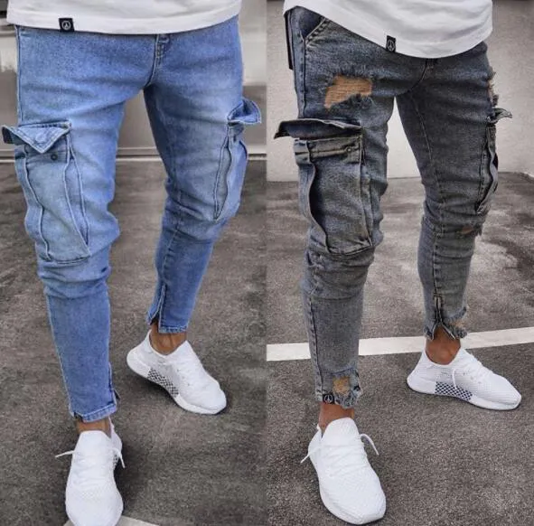 Heren jeans Slim Fit Hi-Street Distressed Denim Joggers Stretch Trend Kniebatte Zipper Voeten Broek