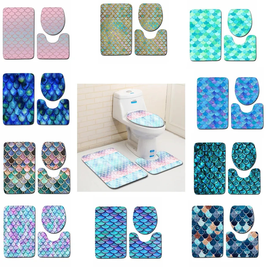 Tapis de bain imprimés en écailles de poisson 3 pièces/ensemble, tapis de sol antidérapants pour salle de bain, couverture de toilette, tapis de salle de bain, GGA2232