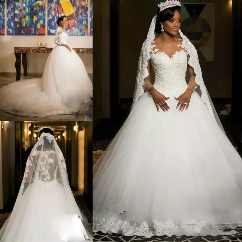 Afryki Suknia Balowa Koronki Suknie Ślubne Vintage Aplikacje Illusion Długie Rękawy Plus Rozmiar Suknie Ślubne Katedra Pociąg Tulle Vestido De Novia