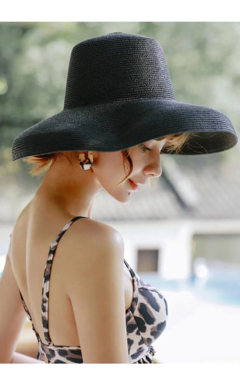 Tejido hecho a mano blanco negro vendido sombreros de sol para mujeres Sombrero de paja de ala grande negro al aire libre Playa Gorras de verano