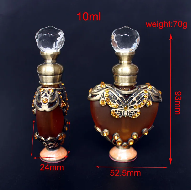 10 ml vintage hart vorm metalen parfumfles elegant essentiële oliën fles ambachtelijke glazen fles met glazen druppelaar